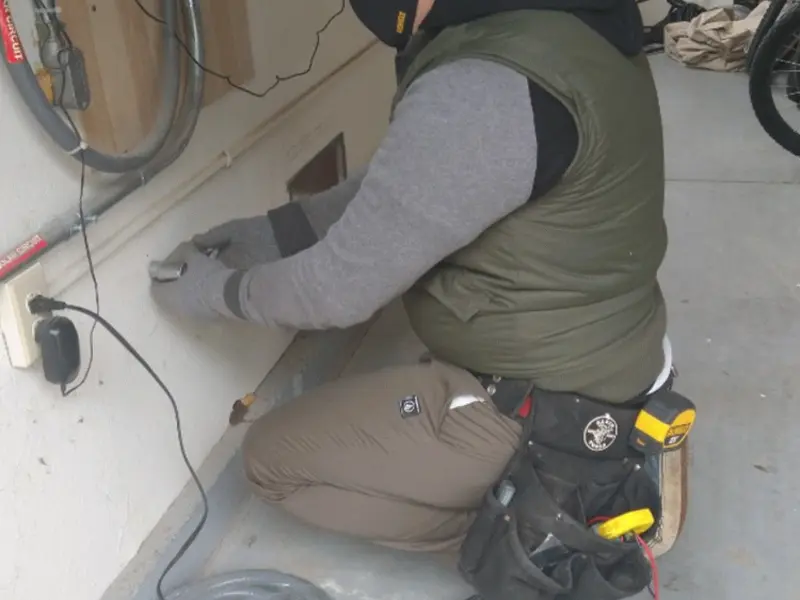 Electrician performing outlet wiring in a East Richmond Heights garage